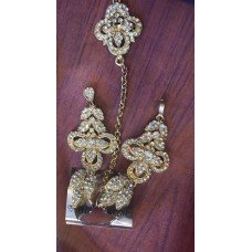 SILVER GOLD DIAMONTE LONG INDIAN EARRINGS AND TIKKA SET